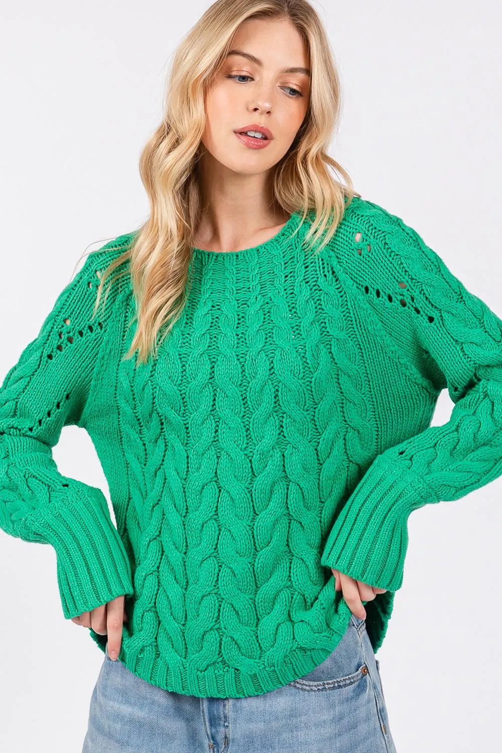 SAGE   FIG Emerald Sweater Cable-Knit Long Sleeve Eyelet Knitwear