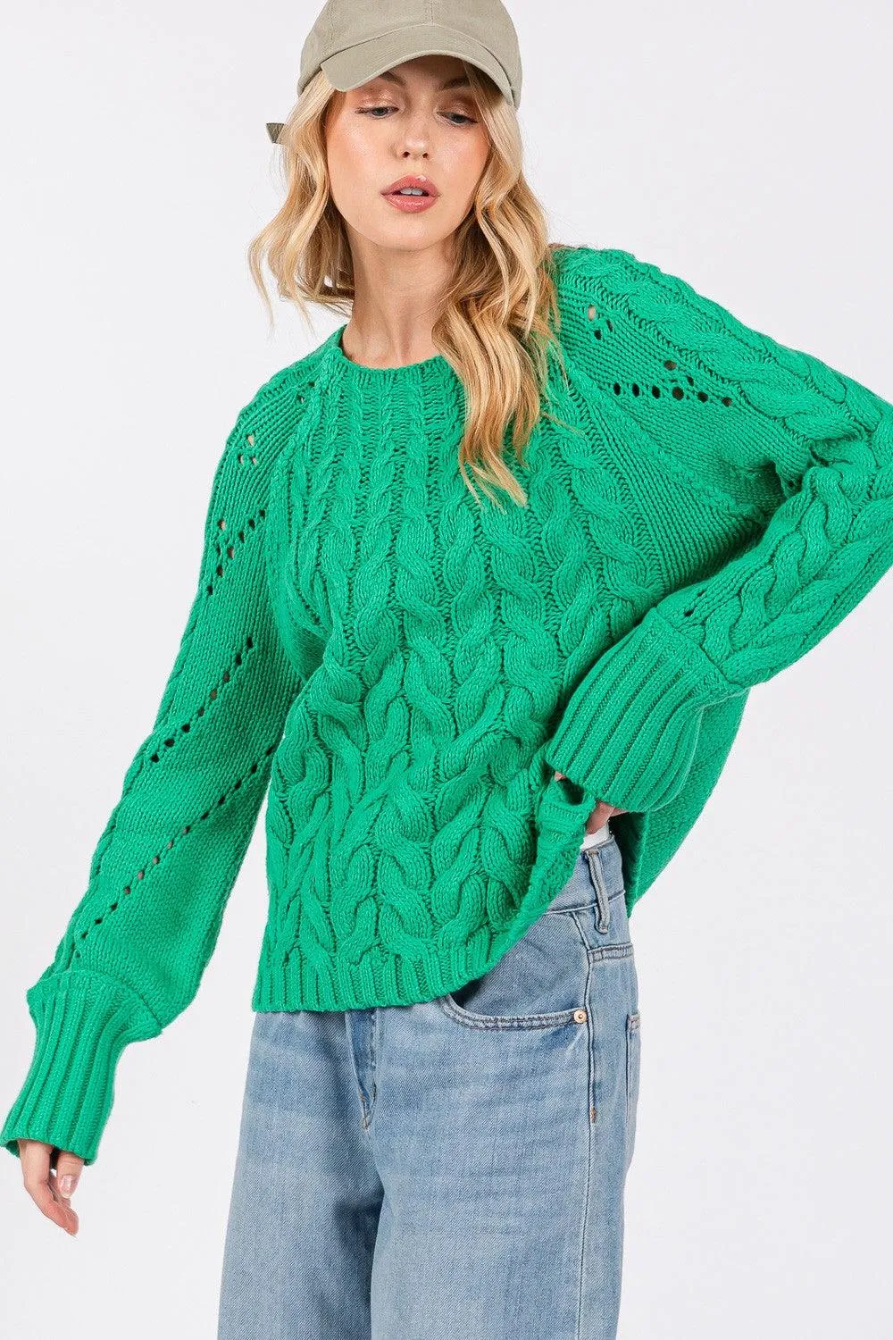 SAGE   FIG Emerald Sweater Cable-Knit Long Sleeve Eyelet Knitwear