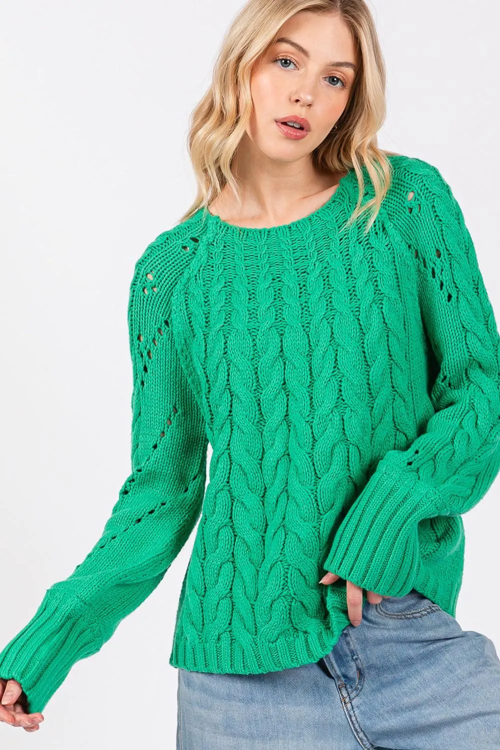 SAGE   FIG Emerald Sweater Cable-Knit Long Sleeve Eyelet Knitwear