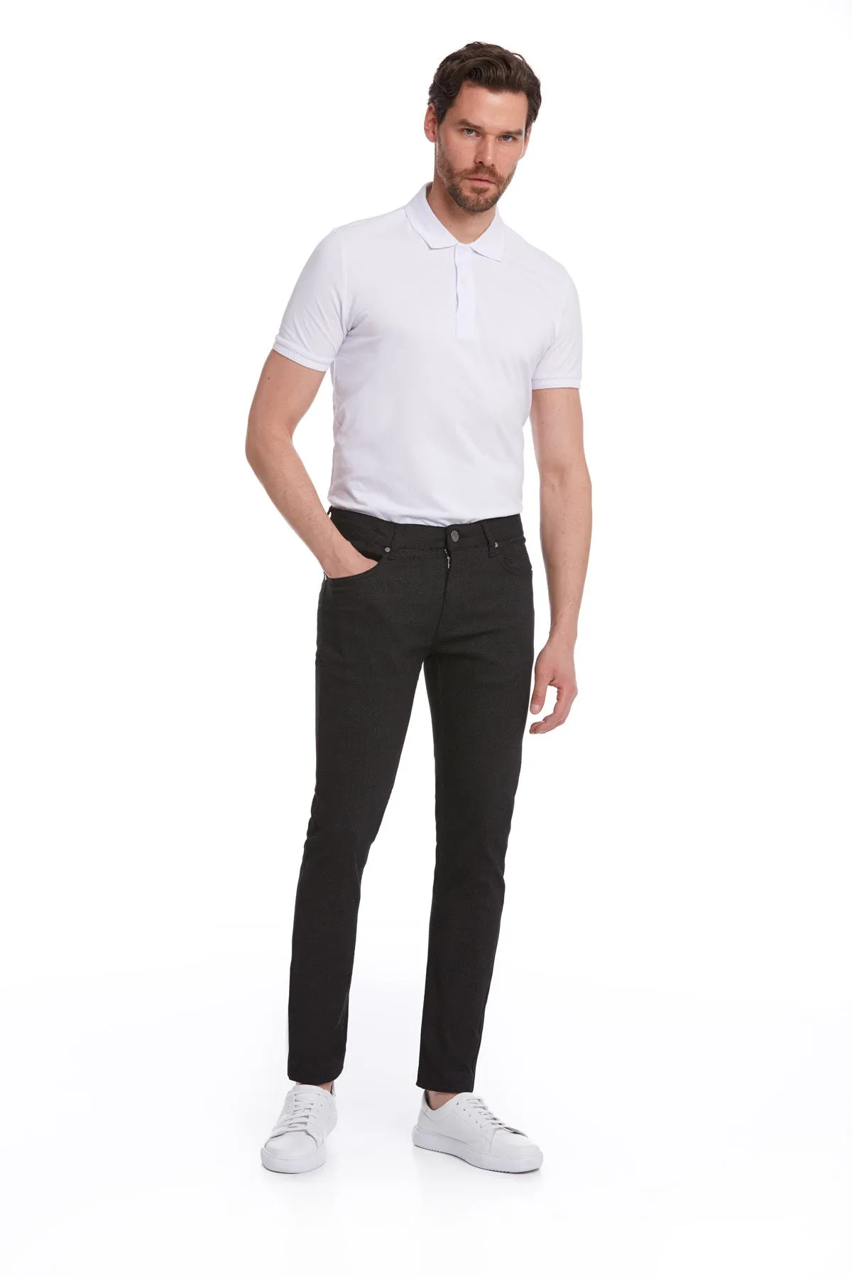 Slim Fit Woven Textured Low Waist Black Cotton Casual Pants