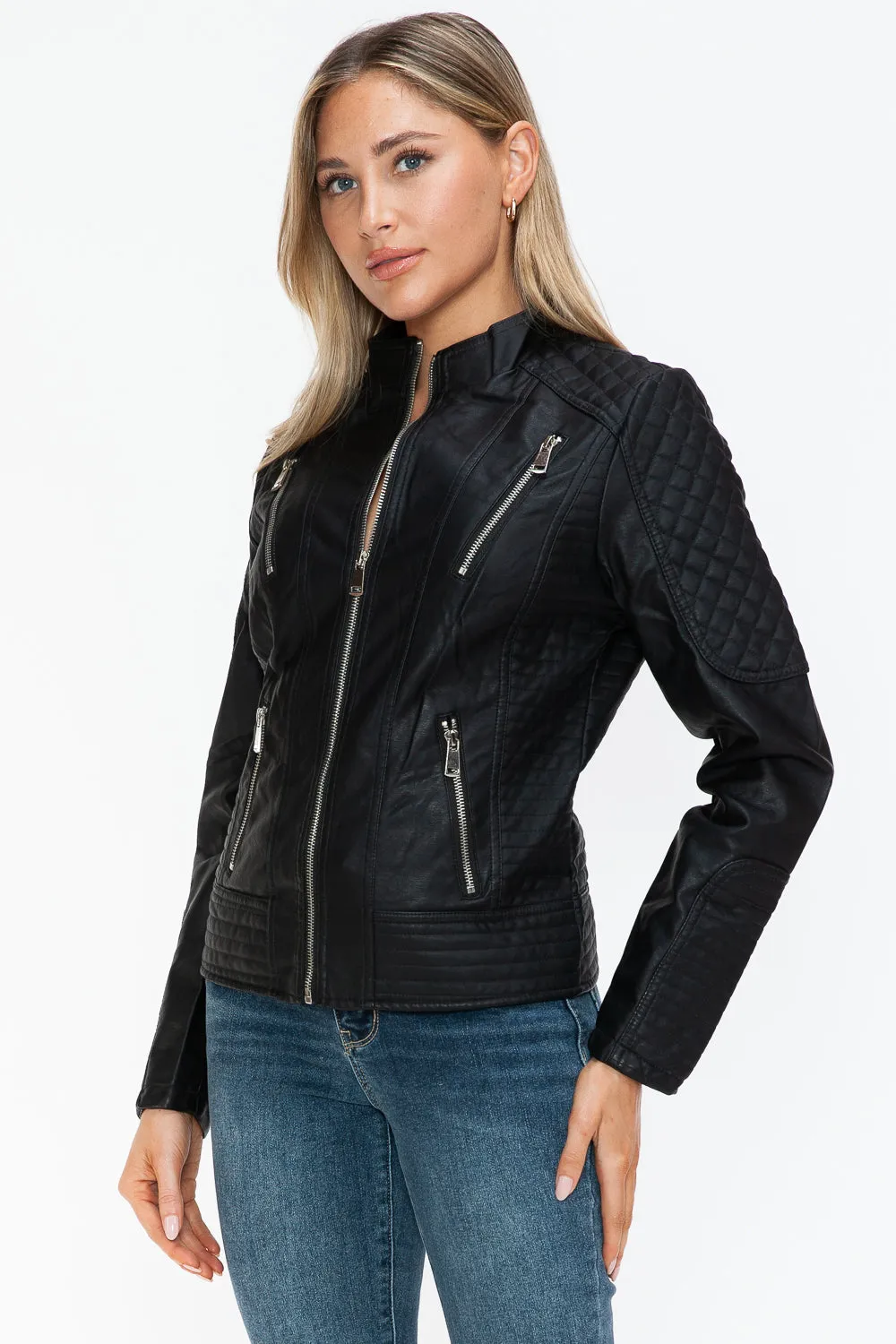 Snobbish Faux Leather Zip Up Mock Neck Jacket