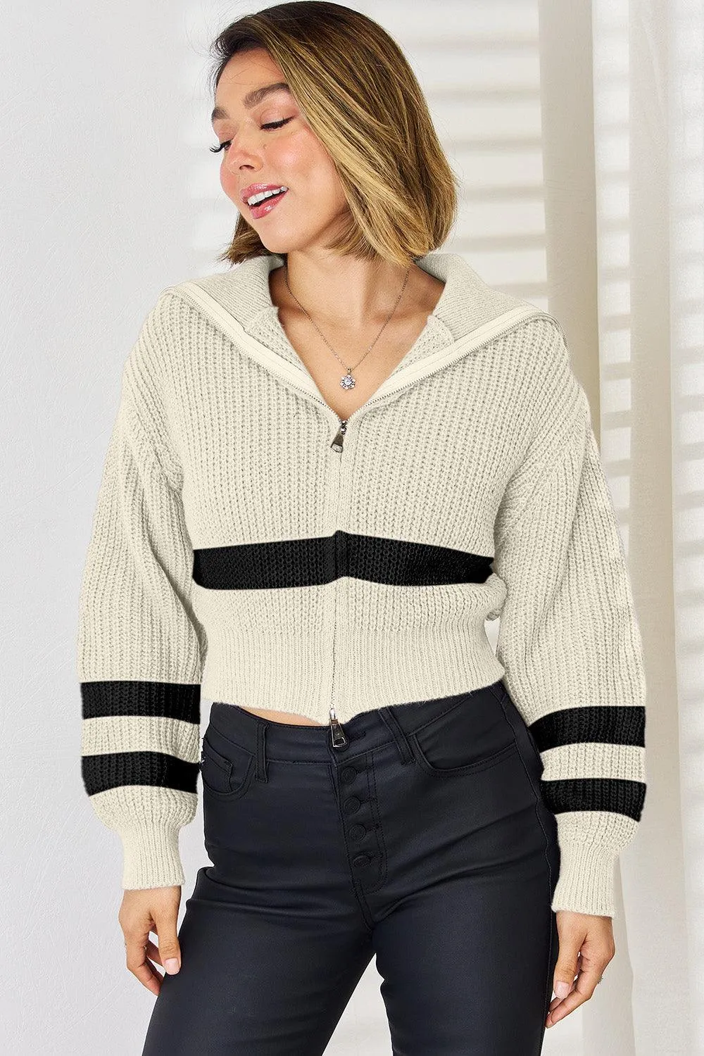 Striped Zip Up Dropped Shoulder Cardigan