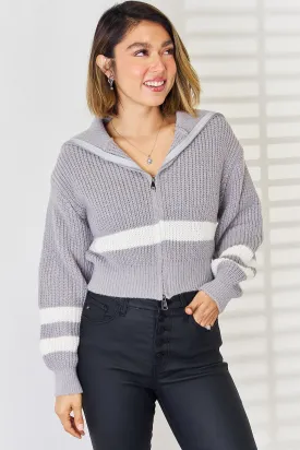 Striped Zip Up Dropped Shoulder Cardigan