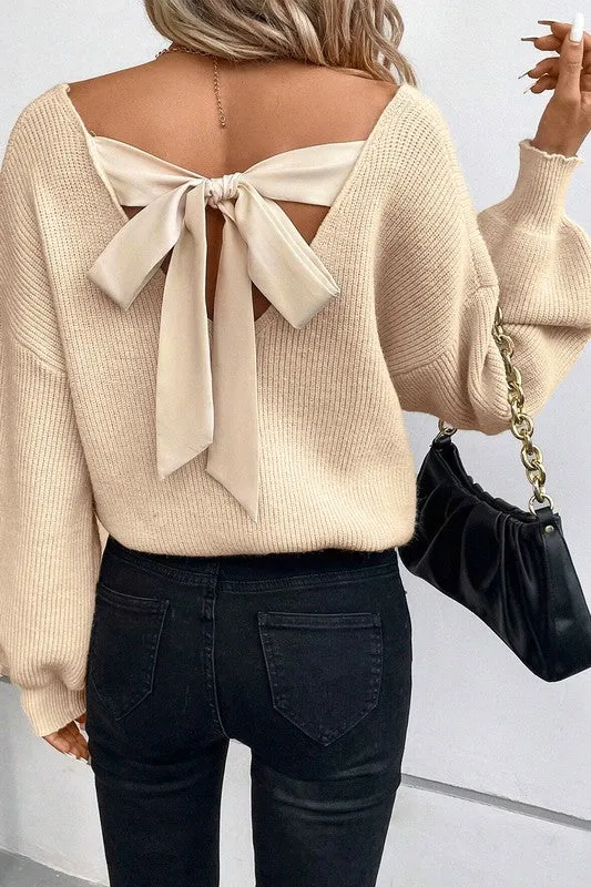 Touch of Sophistication  - Lantern Sleeve V Neck Knot Back Sweater