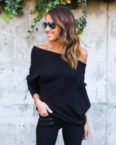 Trendy off the shoulder loose oversize knitted sweater top