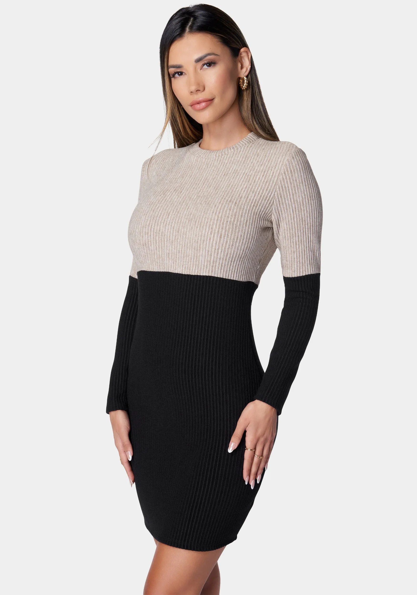 Two Tone Long Sleeve Sweater Dress