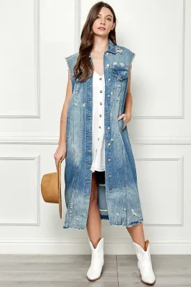 Veveret Full Size Distressed Sleeveless Longline Denim Jacket