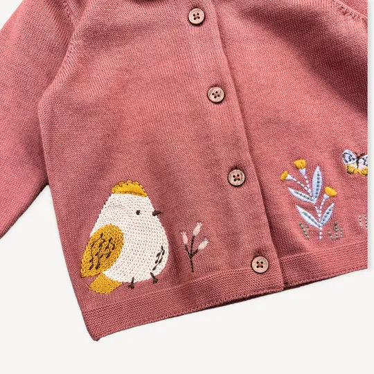 Viverano Floral Bird Embroidered Baby Knit Cardigan