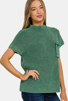 Washed Mock Neck Short Sleeve Sweater