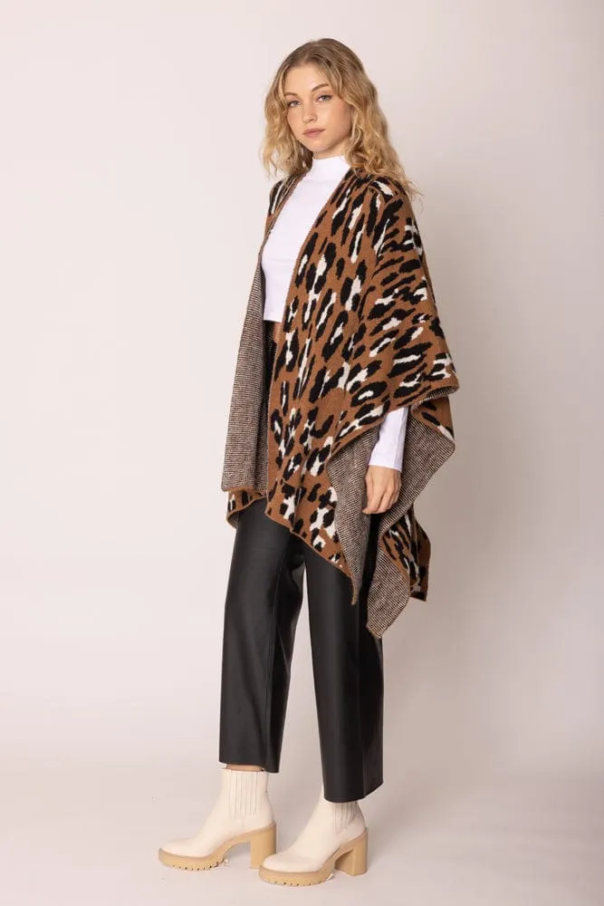 WCR420046 Leopard Knit Ruana With Shoulder Strap