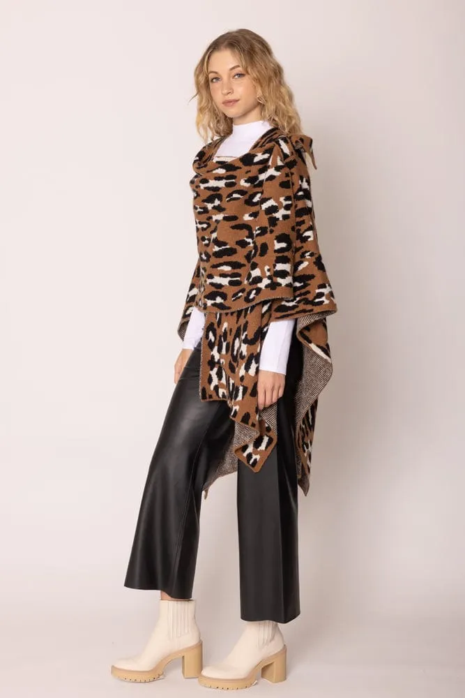 WCR420046 Leopard Knit Ruana With Shoulder Strap