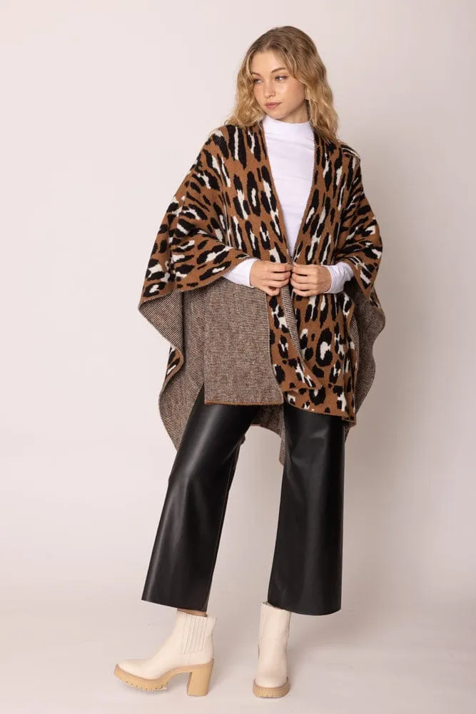 WCR420046 Leopard Knit Ruana With Shoulder Strap