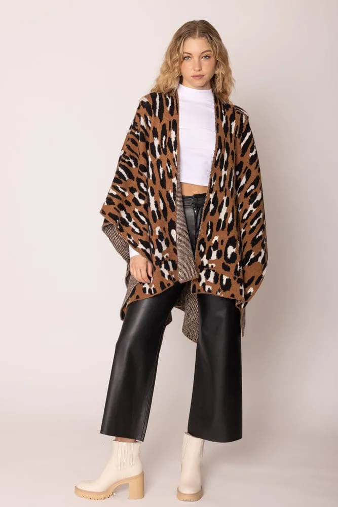 WCR420046 Leopard Knit Ruana With Shoulder Strap