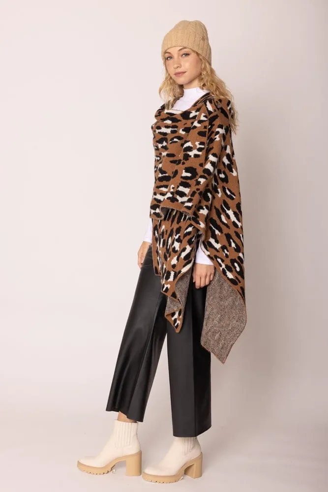 WCR420046 Leopard Knit Ruana With Shoulder Strap