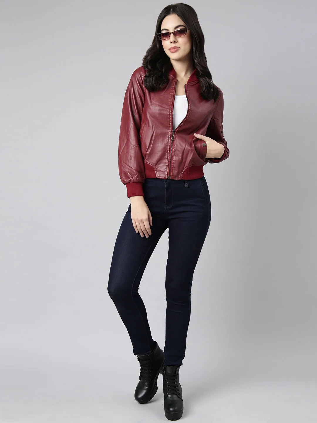 Women Solid Maroon Bomber Jacket