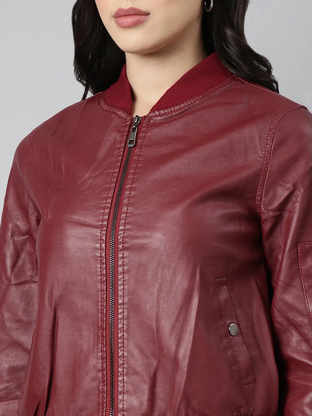 Women Solid Maroon Bomber Jacket