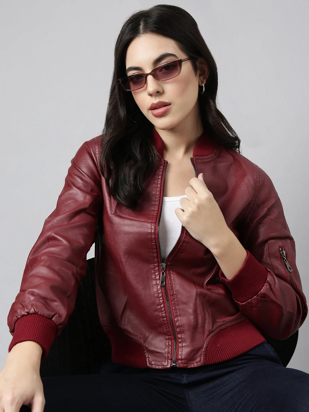 Women Solid Maroon Bomber Jacket