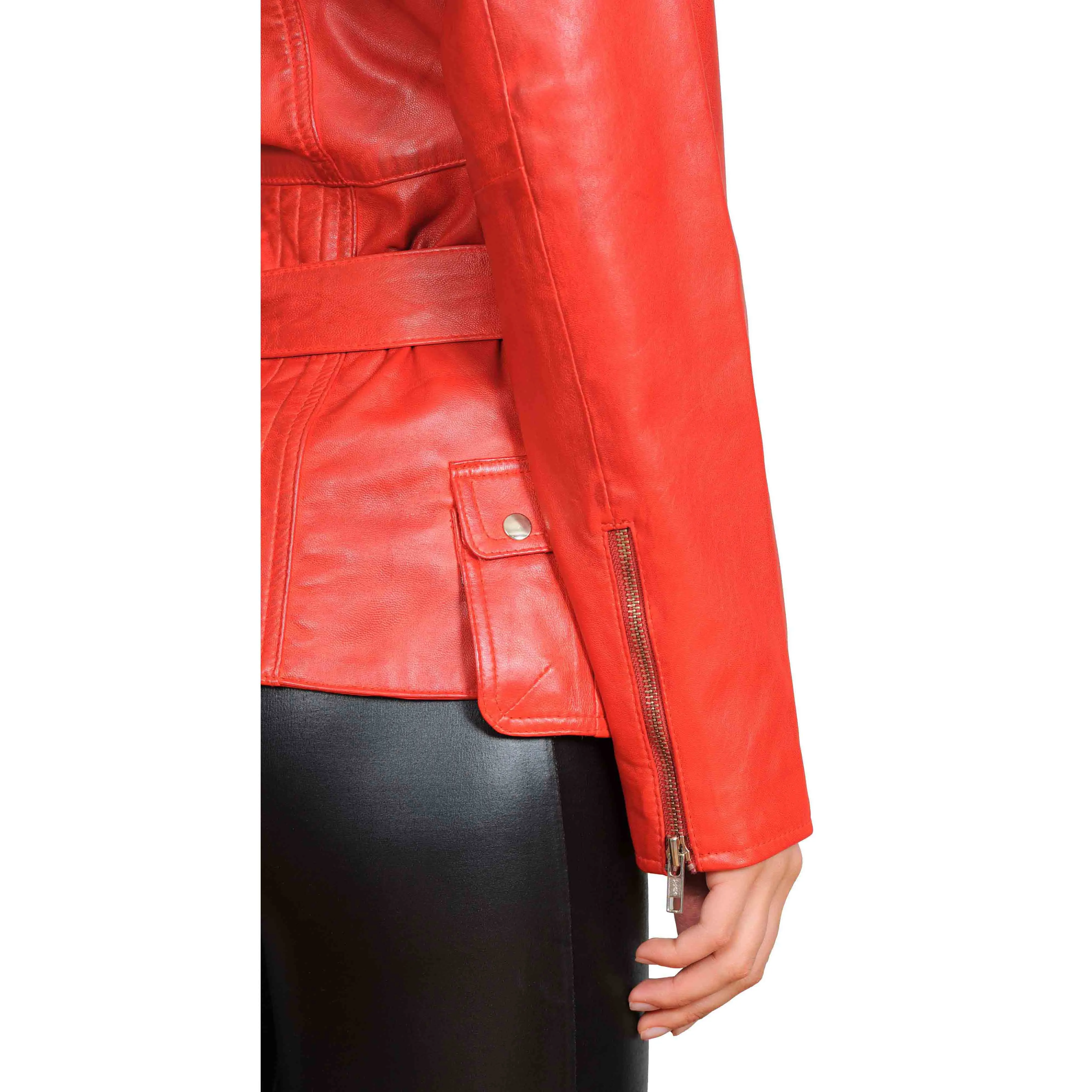 Womens Fitted Mid Length Biker Leather Jacket Hannah Red