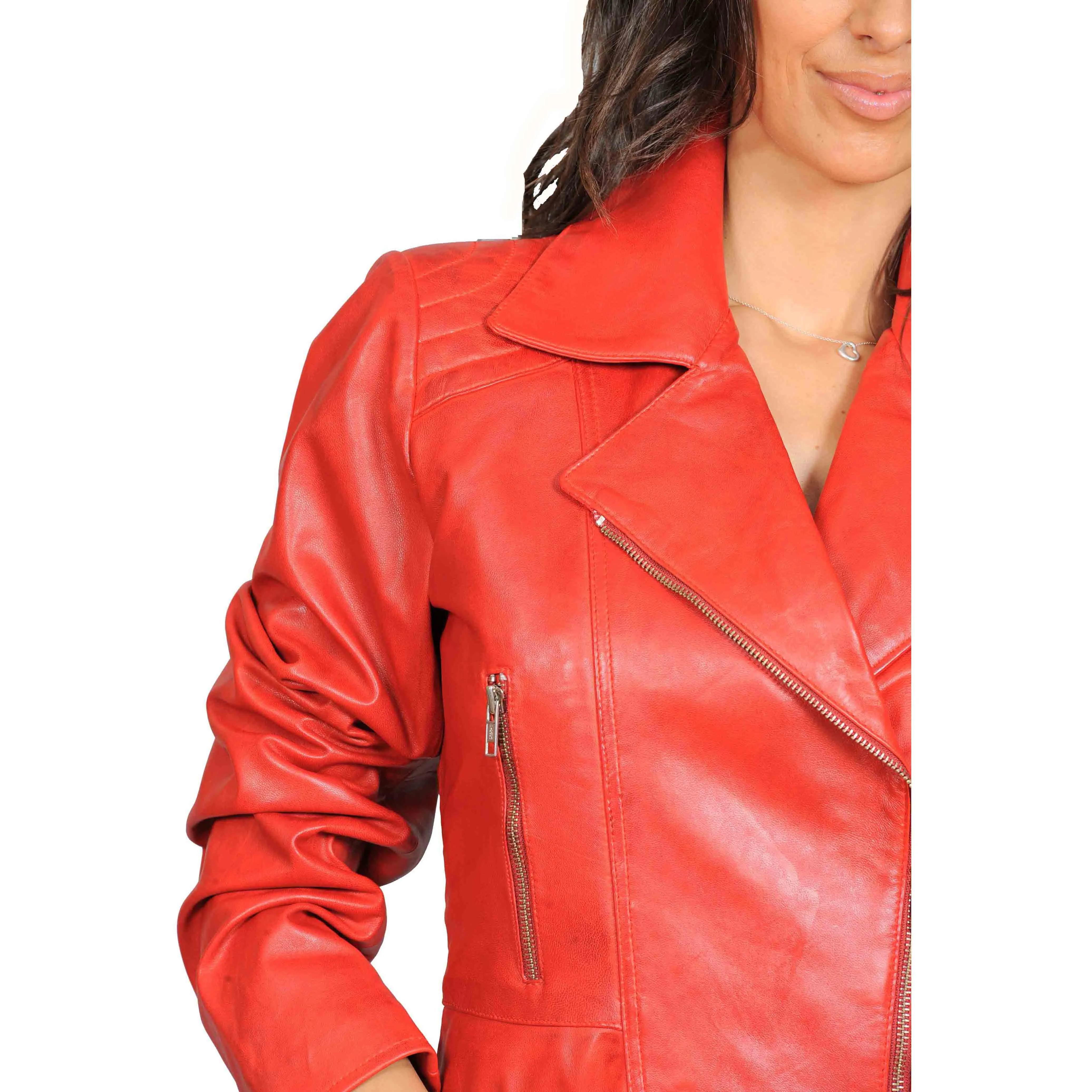 Womens Fitted Mid Length Biker Leather Jacket Hannah Red