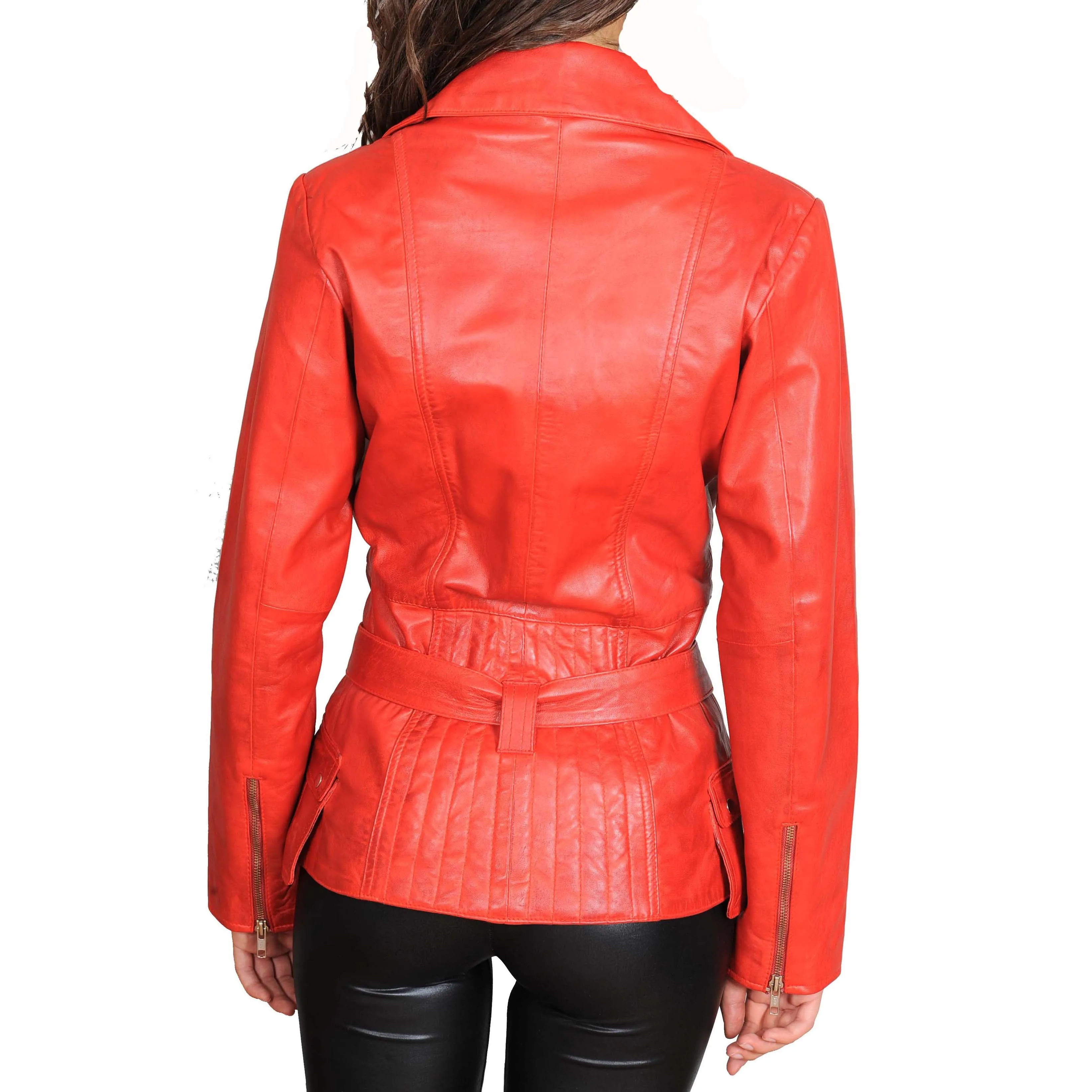 Womens Fitted Mid Length Biker Leather Jacket Hannah Red