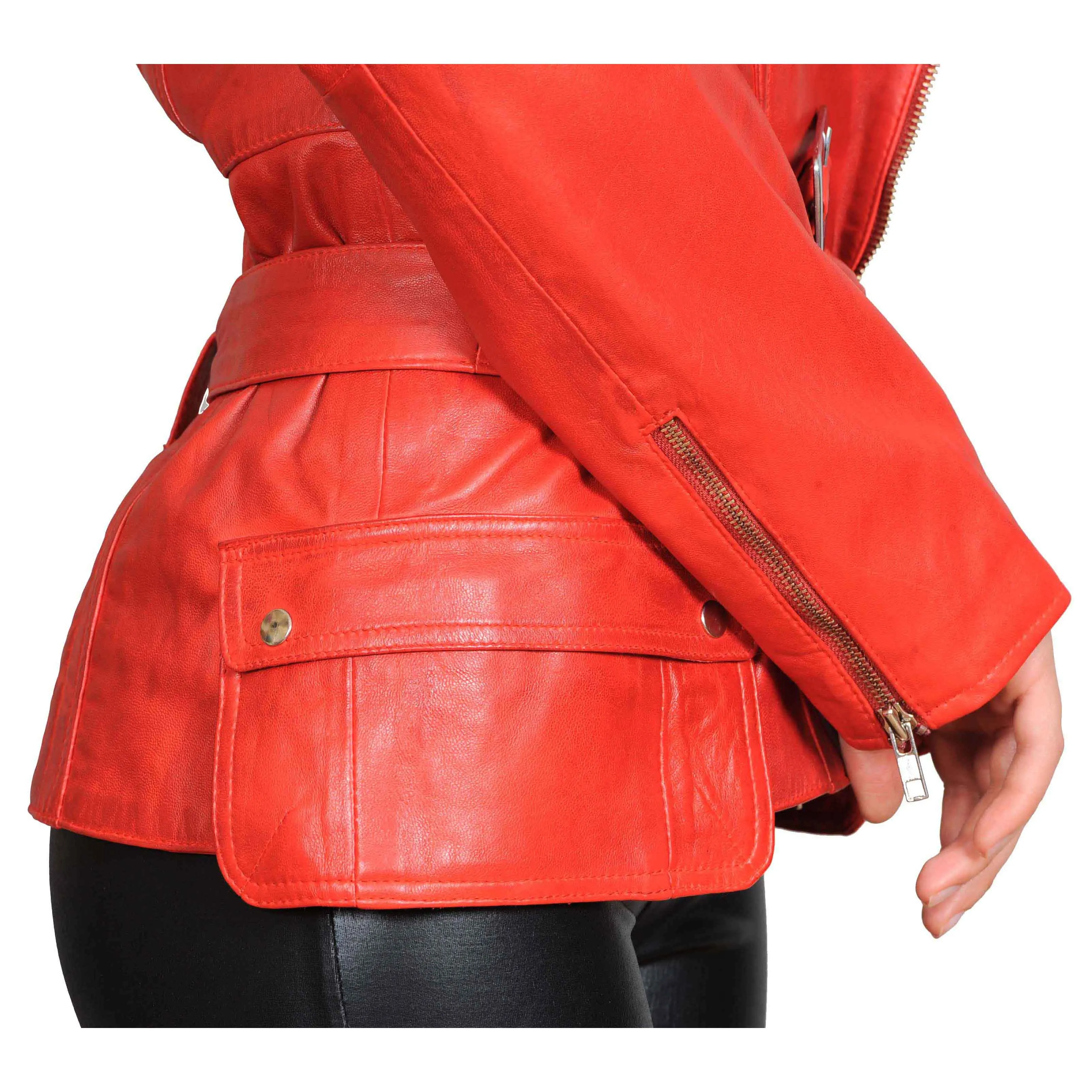 Womens Fitted Mid Length Biker Leather Jacket Hannah Red