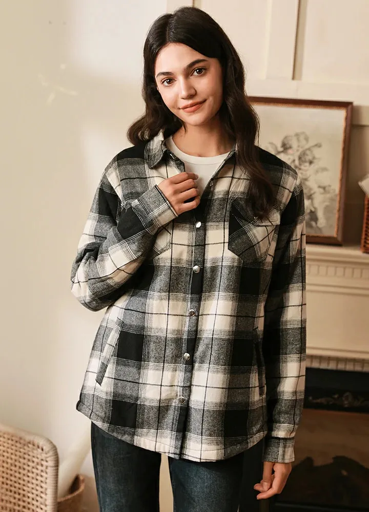 Womens Snap Plaid Flannel Jacket, Sherpa-Lined Shacket