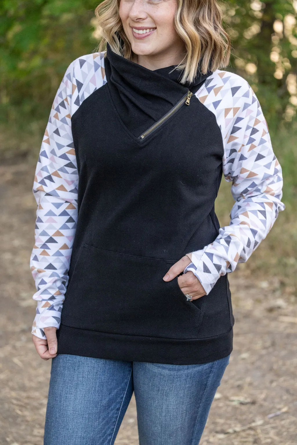 Zoey ZipCowl Sweatshirt - Black and Geometric