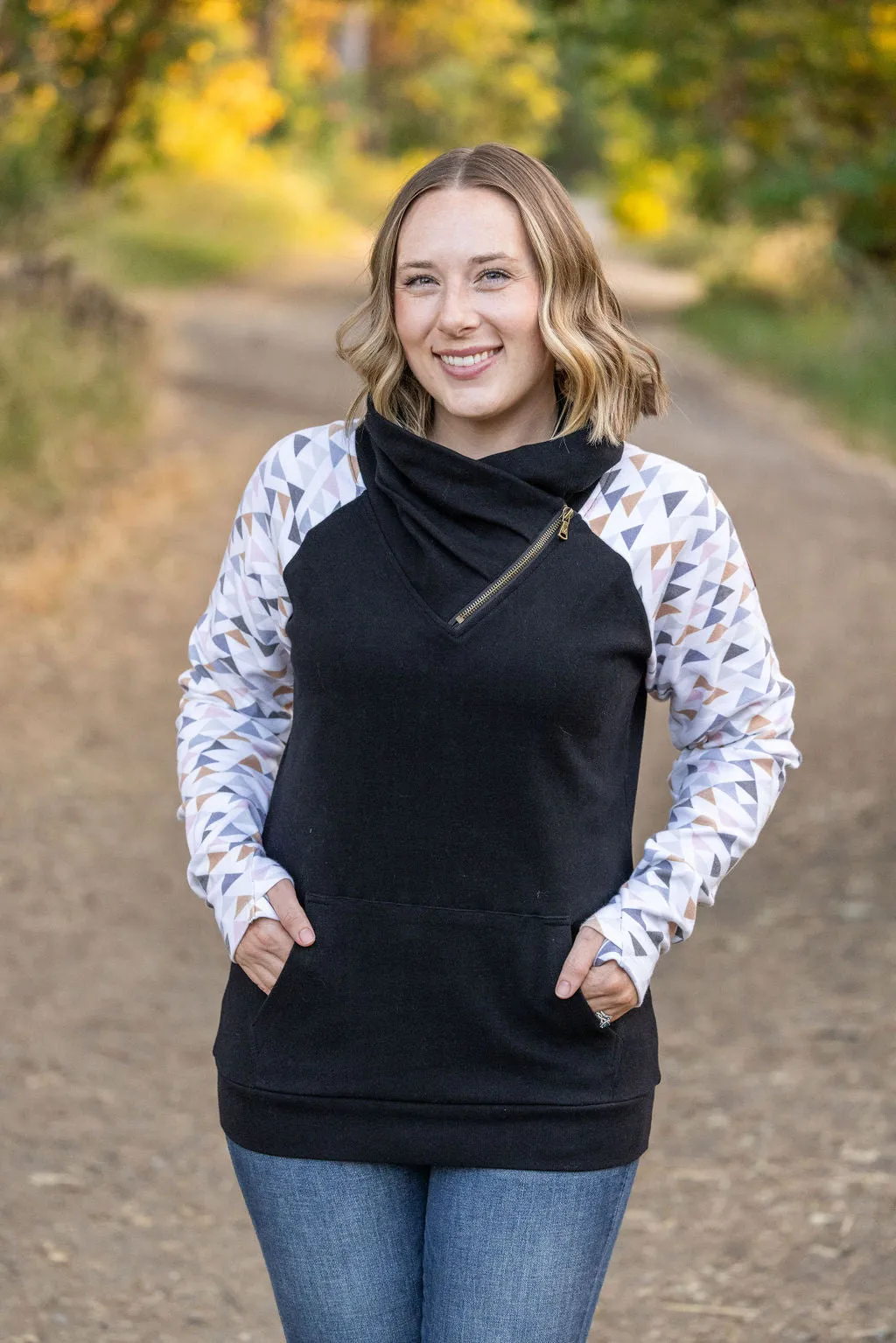 Zoey ZipCowl Sweatshirt - Black and Geometric