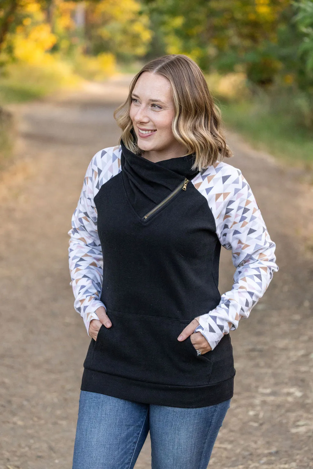 Zoey ZipCowl Sweatshirt - Black and Geometric